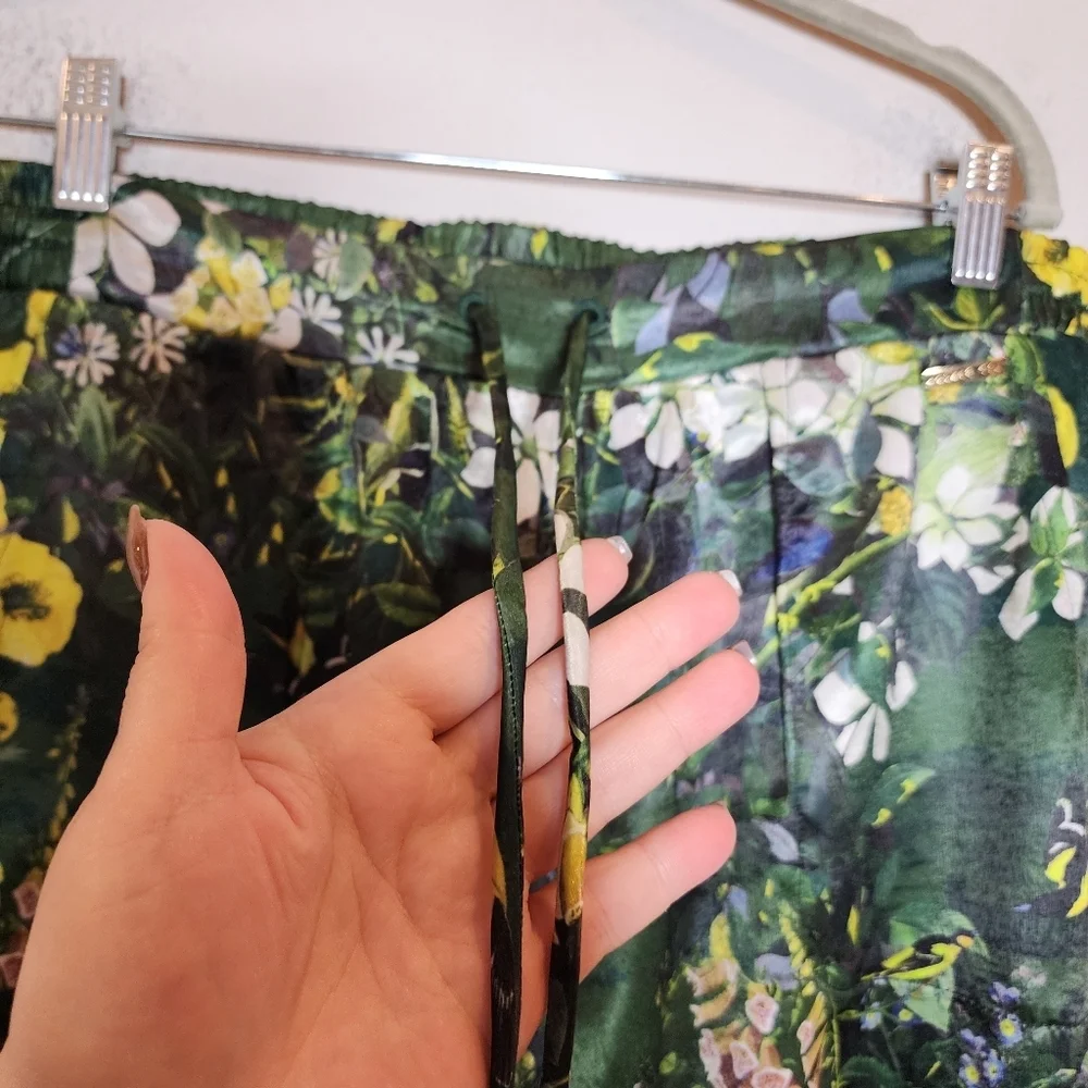 NWT Ted Baker Satin 2 Piece Pajama Set Boxy Green Botanical Birds Size Large